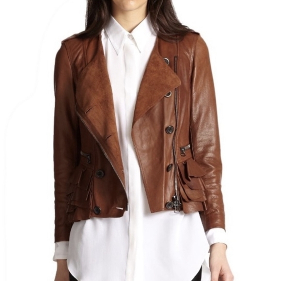 3.1 Phillip Lim Brown Leather Moto Jacket Size 4 - Picture 2 of 12